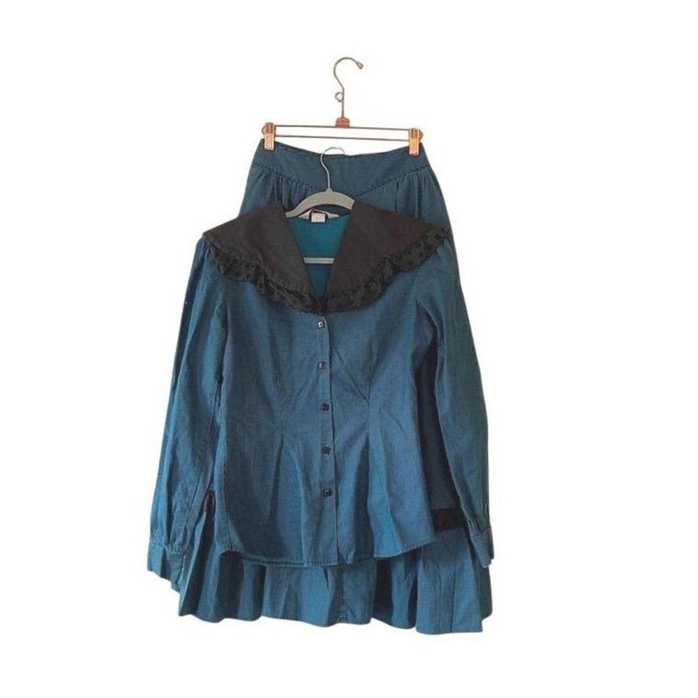 Vintage Teal Pinstripe Button Up Shirt‎ & Pleated Midi Skirt Set Women's Size Xs